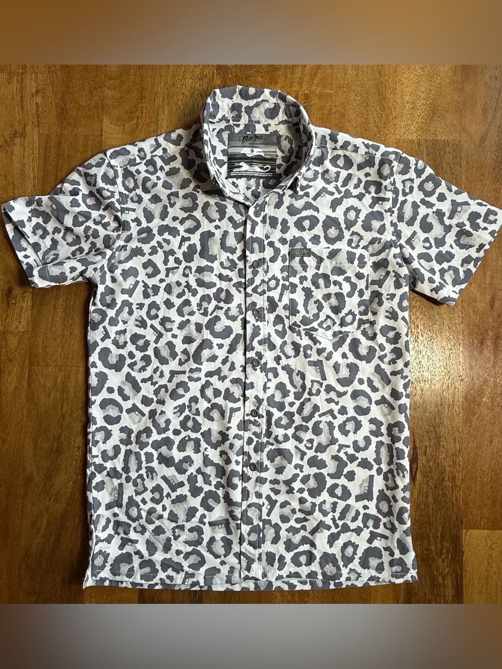 Men’s Retro Rifle "Leopard Gray" Gun Print Button Down Shirt - Size S
